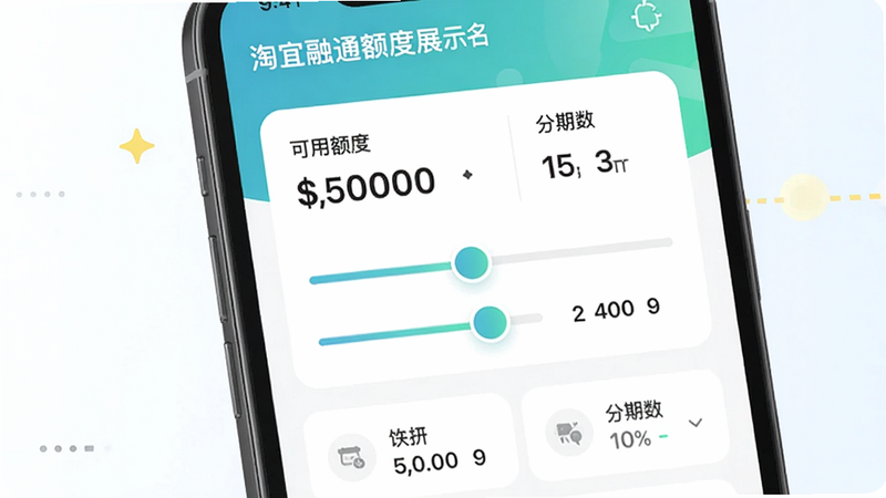淘宜融通额度展示图,主体为手机界面显示额度滑块与分期选项,布局上部,排版卡片式,细节有
