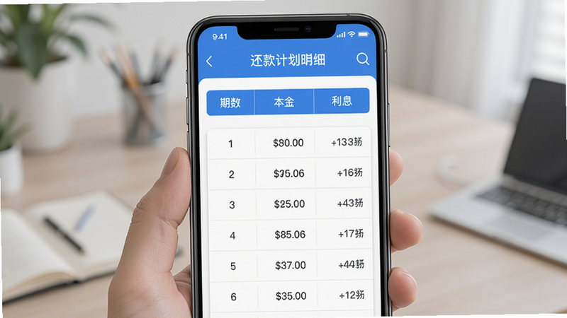 淘宜融通费率透明图,主体为手机屏幕显示还款计划明细,布局列表式,排版整齐,风格严谨,细节包含
