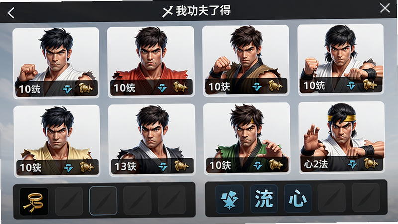主体:角色选择界面,显示多个功夫角色头像,下方有装备和心法栏。布局:网格排列,风格UI界面,干净简洁,画质高清。提示词: