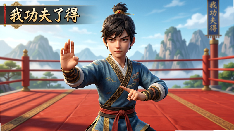 主体为游戏主界面,中间站立一位古装武学少年,背景是传统中国风格的擂台和远山,布局居中,风格写实,细节包括角色服装纹理和光影,画质高清,干净无多余元素。提示词: