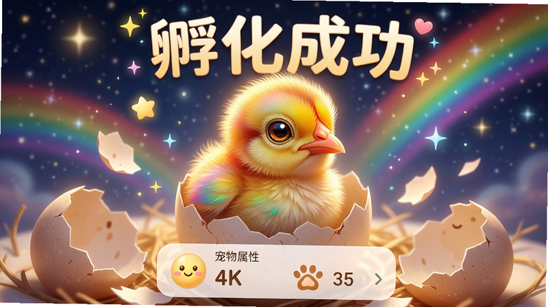 主体:蛋孵化瞬间,一只毛茸茸的小鸡破壳而出,周围飘散星光和彩虹。布局:小鸡位于画面中心,蛋壳碎片散落四周,背景是梦幻星空。排版:顶部显示“孵化成功”艺术字,下方有宠物属性面板。风格:温馨治愈,高光渲染,细节包括小鸡眼睛的灵动、羽毛渐变。画质:4K质感,干净无杂物。