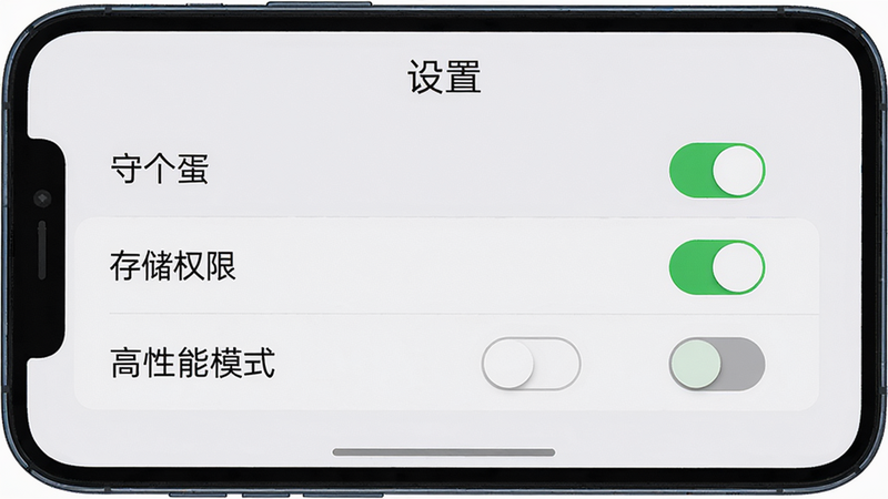 主体:手机屏幕上显示“守个蛋”游戏设置界面,重点标注“存储权限”和“高性能模式”开关。布局:界面左侧是选项列表,右侧是开关,顶部有“设置”标题。排版:开关按钮使用绿色/灰色,设置项字体清晰。风格:系统UI风格,简洁明了。画质:高清,干净无多余元素。