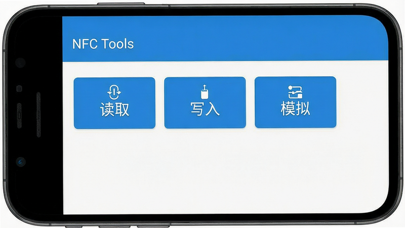 һ��չʾNFC Tools������������ֻ���ͼ������Ϊ�ֻ���Ļ����ʾ���������棬���־��У��Ű�����������Լ�ִ���ϸ�ڰ����������⡰NFC Tools�����в����ܰ�ť�硰��ȡ������д�롱����ģ�⡱�ȣ�ɫ������ɫ�Ͱ�ɫΪ�������ʸ���ɾ����޶���Ԫ��