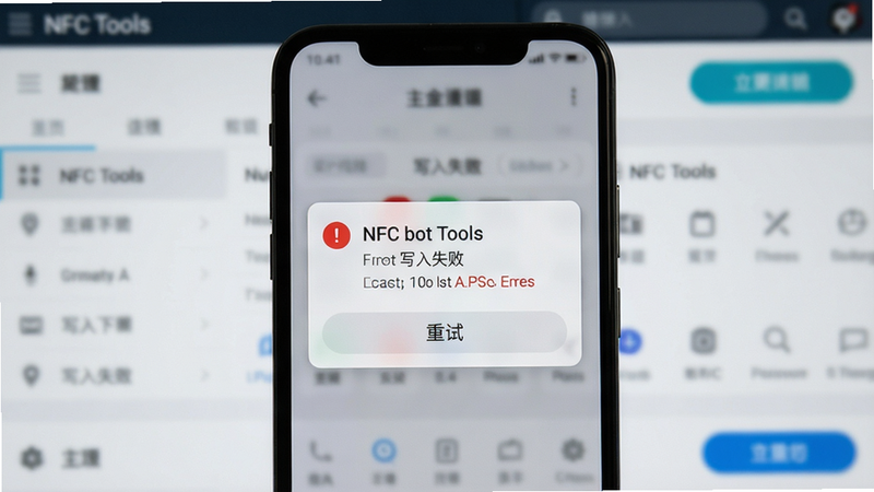 һ���ֻ���ʾNFC Tools������д��ʧ�ܡ��Ľ��棬����Ϊ�ֻ���Ļ�ϵĴ�����ʾ�򣬲��־��У����дʵ��ϸ�ڰ�����ɫ����ͼ�ꡢ������롢�·��ġ����ԡ���ť������Ϊ����������ģ�������������ɾ�
