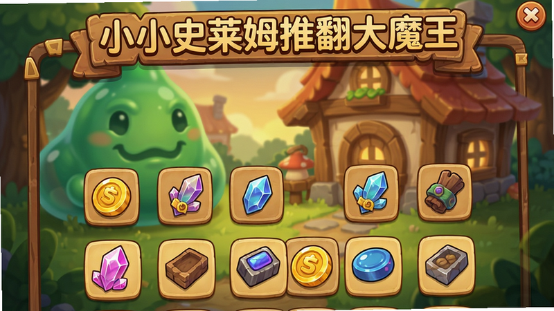 游戏离线收益界面,显示大量金币、水晶和素材图标,背景是史莱姆小屋。界面有“小小史莱姆推翻大魔王”标题,卡通风格,暖色调,高清画质,画面整洁无多余元素。