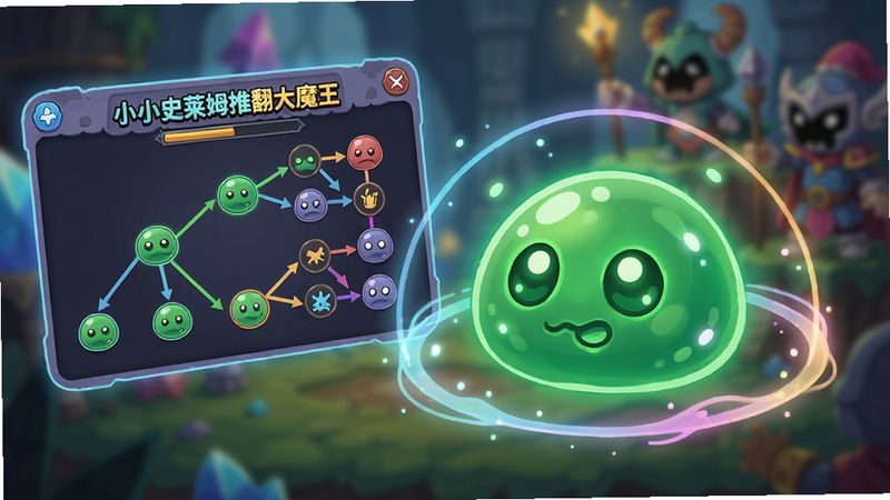 一只绿色史莱姆正在发光进化,周围环绕进化光圈,旁边悬浮着“小小史莱姆推翻大魔王”游戏界面,展示进化树分支。卡通风格,渐变色彩,高清画质,背景虚化,主体清晰,无多余元素。