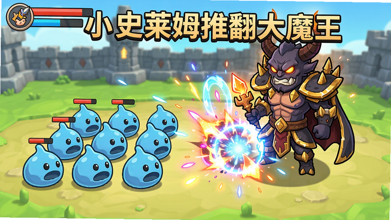 游戏战斗画面,一排史莱姆在阵型中排列,前方是魔王BOSS,技能特效绚丽。界面显示“小小史莱姆推翻大魔王”字样,卡通风格,明亮色调,高清画质,战斗场景干净,主体突出。
