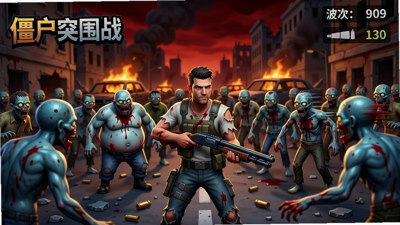 主体:一名手持霰弹枪的角色站在废墟街道中央,四周密密麻麻的丧尸正从四面八方涌来,天空被染成暗红色。布局:角色位于画面中心偏下,丧尸呈包围圈向内推进,远处有燃烧的车辆和残破的建筑。排版:画面左侧上方有游戏Logo“僵尸突围战”艺术字,右侧显示波次计数器与弹药数。风格:写实卡通混合风格,色彩对比强烈,僵尸皮肤呈青灰色,血液效果鲜艳。细节:角色衣服有破损和血迹,丧尸中有不同种类(普通、胖子、速度型),地面散落弹壳和碎片。画质:4K分辨率,高动态光照,无多余UI元素,干净利落。