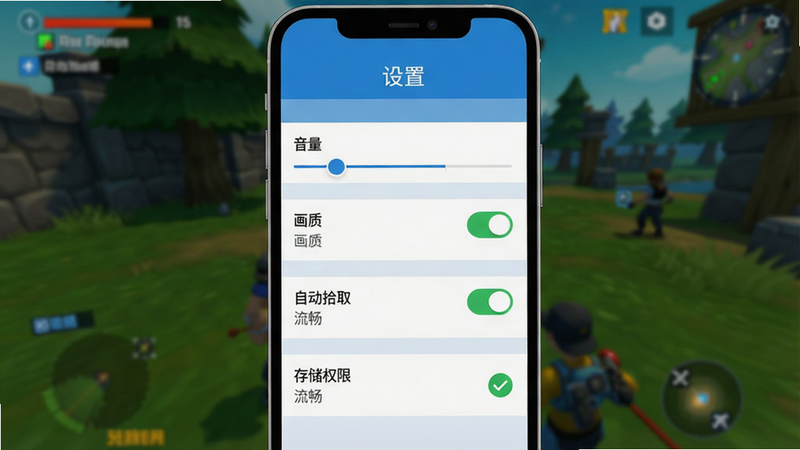 主体:手机屏幕截图显示游戏设置界面,里面“自动拾取”开关被打开,画质设置为“流畅”。布局:设置界面居中,背景模糊化游戏画面。排版:界面顶部有“设置”标题,下方有“音量”“画质”“自动拾取”“存储权限”等选项。风格:简洁扁平化UI,蓝白配色。细节:存储权限选项旁有绿色对勾表示已授权。画质:清晰,无多余元素。