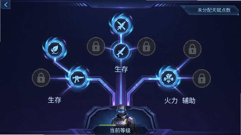 主体:角色天赋树界面,三个分支呈树状结构,每个节点有图标和名称,部分节点已点亮发出蓝色光芒。布局:天赋树居中,下方有角色立绘和当前等级。排版:右上角显示未分配天赋点数,每个分支有文字说明“生存”“火力”“辅助”。风格:科幻感UI,蓝紫色调,节点之间有发光连线。细节:已点亮节点有动态光效,未点亮节点呈灰色锁状。画质:高清,无多余背景元素。