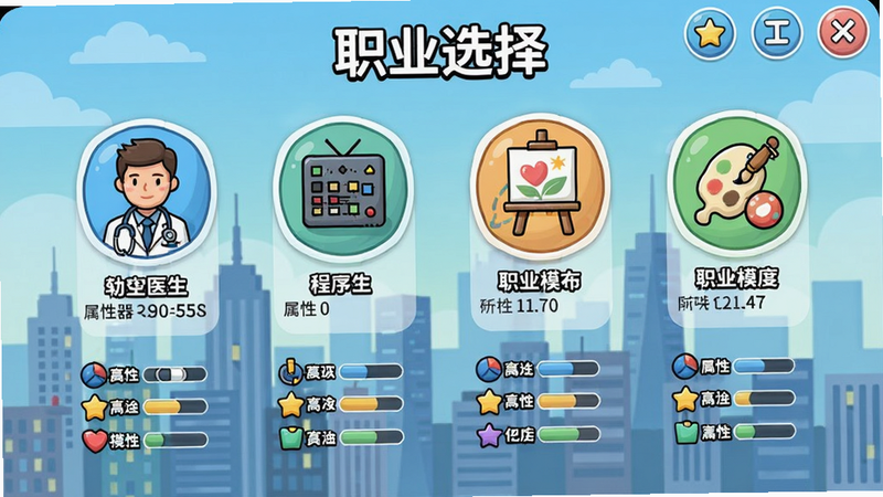 人生轨迹模拟器职业选择界面,展示多个职业图标,如医生、程序员、画家等,每个图标下方有属性要求。背景是城市天际线,界面布局整齐,卡通风格,画质清晰,干净无多余元素。文字标注
