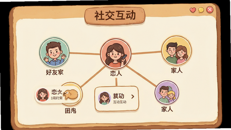 人生轨迹模拟器社交界面,展示人物关系图谱,有好友、恋人、家人等节点,点击可查看互动选项。界面以暖色调为主,卡通风格,画质清晰,干净无多余元素。文字标注