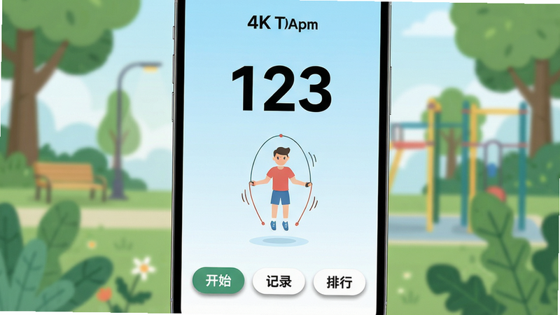 主体:一部手机屏幕显示欢愉跳绳App主界面,界面中央显示实时跳绳计数“123”及动态动画跳绳小人;布局:手机居中,背景为浅蓝色渐变运动场景,周围有模糊的公园绿植;排版:界面元素简洁,数字突出,底部有“开始”“记录”“排行”按钮;风格:扁平化设计,清新明快,干净无多余元素;细节:数字字体粗壮清晰,按钮带有轻微阴影;画质:4K超清,明亮自然光。