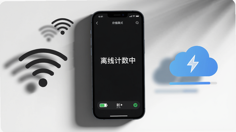主体:手机屏幕显示欢愉跳绳离线模式提示“离线计数中”,背景为阴影;布局:手机居中,周围有WiFi图标和云同步标志;排版:文字居中,图标简洁;风格:深色模式,节能低功耗;细节:电量图标显示剩余电量,云同步带进度条;画质:清晰,无光晕。