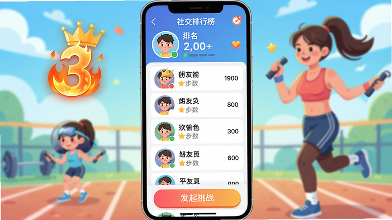 主体:欢愉跳绳App社交排行榜页面,顶部显示用户头像和排名,中间是好友列表,底部有“发起挑战”按钮;布局:手机竖屏,背景为运动主题插画;排版:列表整齐,头像带皇冠;风格:活泼有趣,色彩丰富;细节:排名数字带火焰特效,好友昵称旁有步数;画质:细腻,干净。