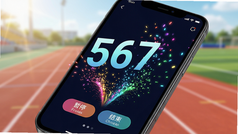 主体:手机屏幕特写,显示欢愉跳绳计数界面,数字“567”跳动,周围有彩色粒子特效;布局:手机斜放,背景为运动场跑道;排版:数字居中放大,下方有“暂停”“结束”按钮;风格:科技感动态,色彩鲜艳;细节:粒子特效由底部向上飘散,数字字体锐利;画质:高清无噪点,光线充足。