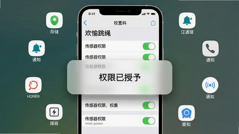主体:手机屏幕上显示欢愉跳绳设置页面,权限列表展开,传感器权限开关处于开启状态,背景有半透明提示框“权限已授予”;布局:手机居中,周围环绕小图标代表不同权限(存储、通知等);排版:列表清晰,开关为绿色;风格:清爽设置界面,IOS风格;细节:提示框带圆角阴影;画质:干净,无多余元素。