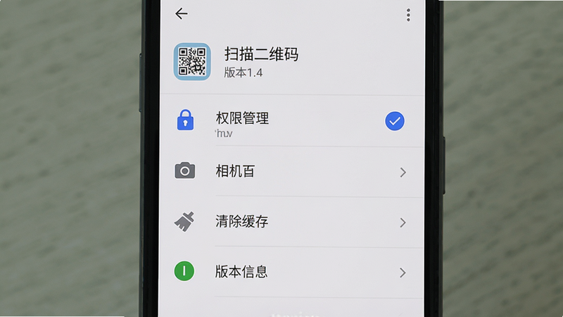 主体:手机屏幕上显示扫描二维码应用的设置界面,突出“权限管理”“清除缓存”“版本信息”三个选项。布局:手机居中,界面为系统设置列表样式,每个选项带图标。排版:顶部有“扫描二维码”应用名称和版本号1.4。风格:原生Android设置风格,简洁。细节:权限管理中“相机”选项已勾选。画质:高清、干净。