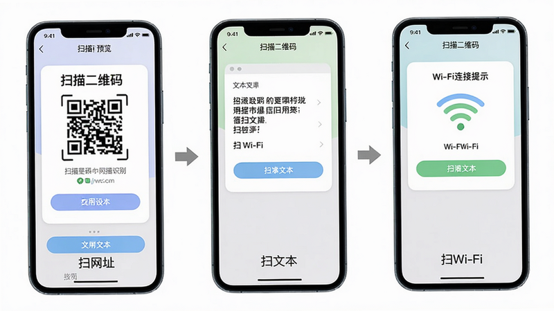 主体:扫描二维码应用识别出不同结果后的三种界面截图:网址预览、文本复制、Wi-Fi连接提示。布局:三个手机屏幕竖向排列,中间用箭头串联。排版:每个屏幕下方标注对应场景,如“扫网址”“扫文本”“扫Wi-Fi”。风格:卡片式UI,柔和色彩。细节:每个界面都显示“扫描二维码”应用名称和具体操作按钮。画质:高清、干净。