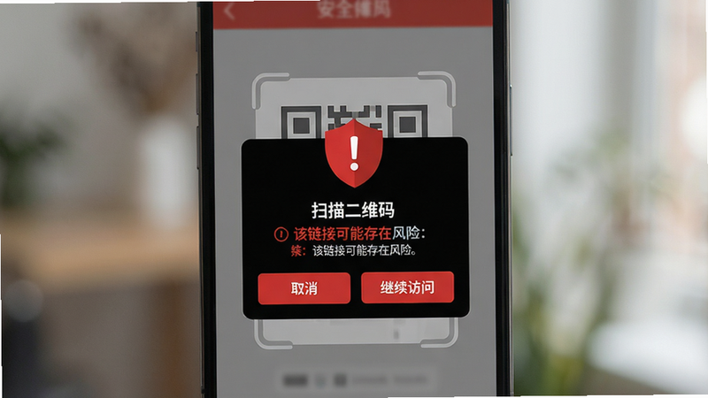 主体:手机屏幕显示扫描二维码应用的安全警告界面,一个红色盾牌图标,提示“该链接可能存在风险”。布局:手机居中,背景虚化,警告弹窗突出。排版:弹窗内有“扫描二维码”软件名称、风险描述和“取消”“继续访问”按钮。风格:警示风格,红黑配色。细节:盾牌上有一个感叹号,二维码扫描框变灰。画质:干净、无多余元素。