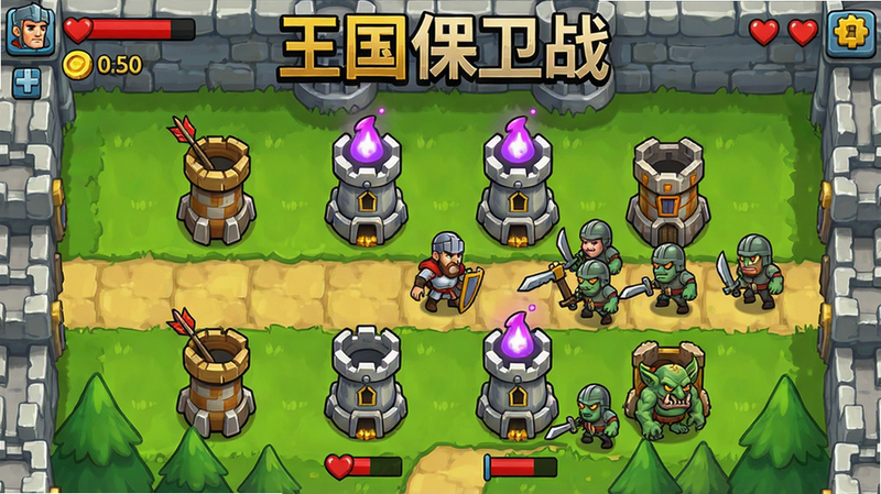 主体为王国保卫战游戏主界面,布局中央有多个防御塔(箭塔、魔法塔)和沿路径行进的怪物士兵,排版整齐,风格卡通手绘,色彩明亮,细节包括英雄角色、血条、金币数字,画质高清,干净无多余元素,文字'王国保卫战'置于画面顶部