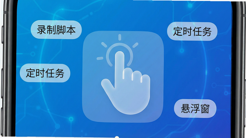 一个智能手机屏幕显示自动点击器(辅助)应用界面,背景为科技感蓝色渐变,主视觉中央是半透明的点击手势图标,周围环绕着“录制脚本”“定时任务”“悬浮窗”等文字标签,整体风格简洁明快,画质高清,无多余元素
