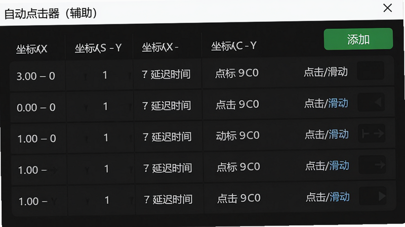 自动点击器(辅助)设置界面,展示多线程点击列表,每行包含坐标X、Y、延迟时间、动作类型(点击/滑动),有绿色“添加”按钮,界面以深色主题,字体白色,干净整洁