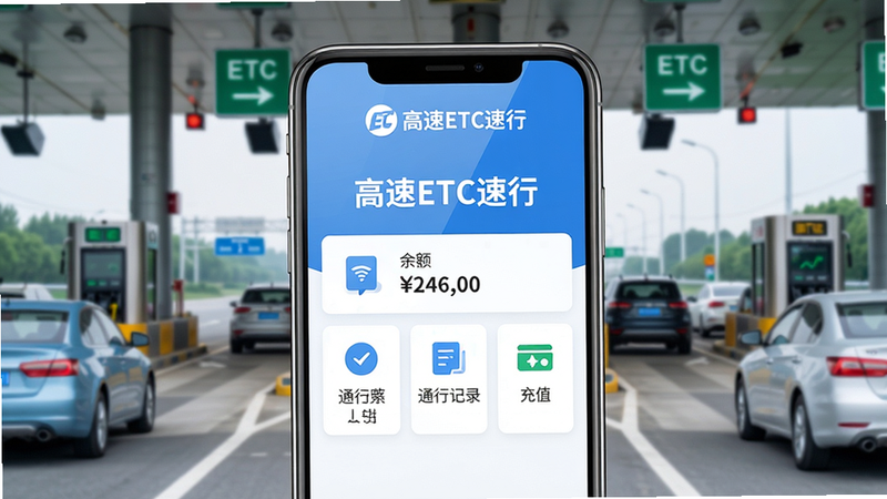 主体:一部智能手机屏幕显示“高速ETC速行”主界面,背景为高速公路收费站场景,车辆正在ETC通道自动通过。布局:手机居中,界面清晰展示“余额”、“通行记录”、“充值”三大模块,上方品牌LOGO和“高速ETC速行”字样。排版:界面干净,图标扁平化,文字简洁。风格:科技感、扁平化、明亮色调(蓝白为主)。细节:手机屏幕反光,模拟真实操作状态,背景收费站有绿色ETC标志。画质:8K超清,无多余元素。