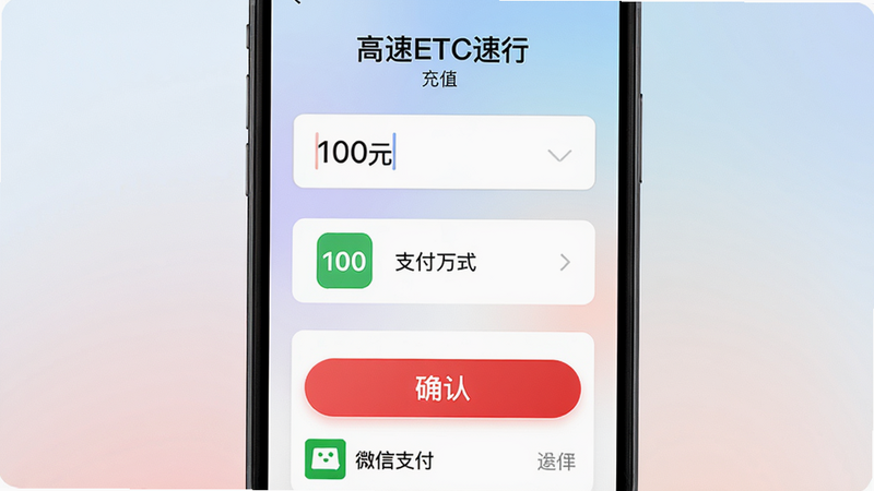 主体:手机屏幕显示“高速ETC速行”充值页面,输入金额100元,下方支付方式选择微信支付。布局:页面简洁,红色确认按钮突出。排版:金额输入框、支付方式图标、确认按钮垂直排列。风格:UI设计风格,柔和的渐变背景。细节:输入框内数字100,支付方式图标清晰可见。画质:超清,无多余元素。
