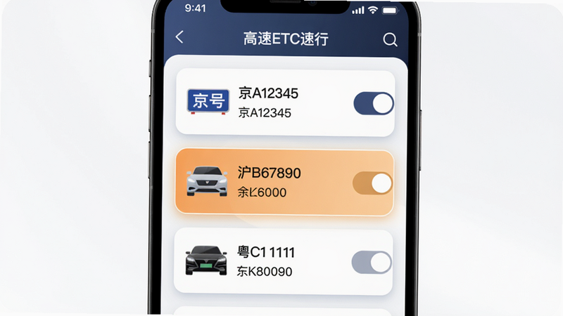 主体:手机屏幕显示“高速ETC速行”车辆管理页面,列表中有三辆车(京A12345、沪B67890、粤C11111)。布局:车辆卡片纵向排列,每张卡片包含车牌号和余额。排版:卡片采用圆角设计,切换按钮在右侧。风格:卡片式UI,柔和阴影。细节:当前选中车辆高亮显示。画质:8K超清,无多余元素。
