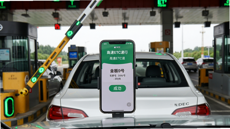 主体:一辆白色轿车正在通过ETC通道,车窗内手机支架上的手机显示“高速ETC速行”扣费成功界面。布局:车辆居中,ETC栏杆抬起,手机屏幕特写。排版:手机界面显示扣费金额、车牌号、时间,背景收费站清晰。风格:写实照片风格,光线自然。细节:ETC栏杆上的绿色指示灯,手机屏幕上的“成功”字样。画质:4K超清,无多余元素。