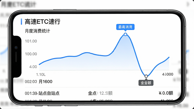 主体:手机屏幕显示“高速ETC速行”账单列表,顶部是月度消费统计折线图。布局:列表和图表各占一半。排版:列表条目包含时间、站点、金额,图表曲线清晰。风格:数据可视化风格,白底蓝线。细节:图表中标注最高点和最低点。画质:超清,无多余元素。