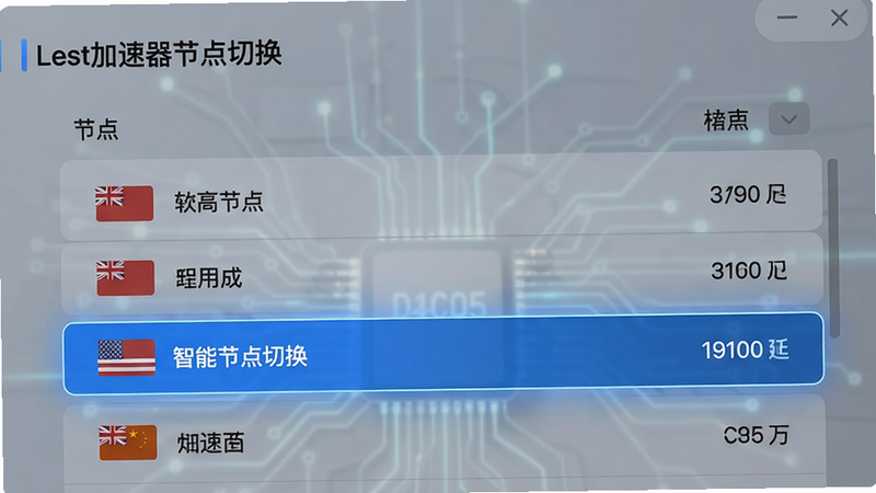 展示Lest加速器节点切换界面,主体:节点列表,布局:列表式排列,排版:清晰,风格:简洁科技,细节:每个节点显示国旗、名称和延迟数值,高亮显示推荐节点,文字“智能节点切换”,画质:高清,干净。