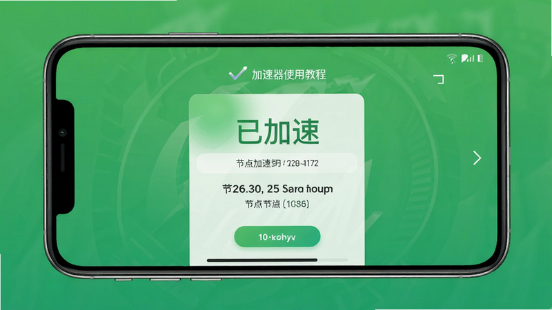 展示Lest加速器使用教程截图,主体:手机屏幕显示加速成功界面,布局:居中,排版:清晰,风格:简洁,细节:界面有“已加速”字样和节点信息,背景为绿色渐变,画质:高清,干净,无多余元素。