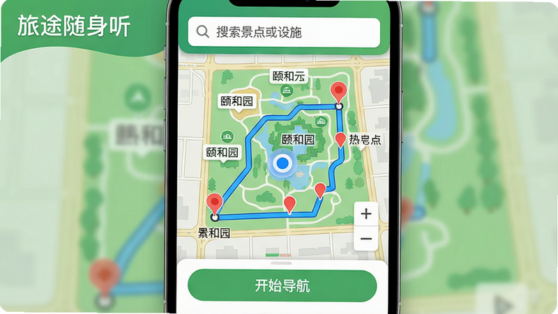 ���壺��;�������������棬�ֻ���Ļ��ʾ��԰��ͼ����ɫ·�߱�ע��㵽�յ㣬��ɫ��ǵ��ʾ���㣻���֣�ȫ����ͼ���ײ��С���ʼ��������ť���Ű棺��ͼ�Ϸ��������������������ʩ�������ſؼ������½ǣ������ˬ�Ŀ�Ƭʽ��ͼUI����ɫΪ��ɫ����ϸ�ڣ���ǰ��λ��ɫԲ�㣬��Χ�С��ú�԰���������ž����ǩ�����ʣ����壬�޶������Ԫ�أ����֡���;�������������Ͻǡ�
