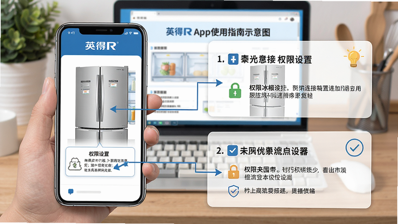 英得尔App使用指南示意图,手机显示连接冰箱步骤,标注权限设置,背景为桌面教程,布局分步骤,风格教育型,文字清晰,画质高清,干净无多余元素