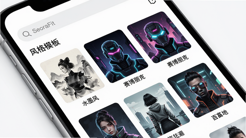 展示LoraFit的模板选择界面,手机屏幕以网格布局展示多个风格缩略图,每个缩略图下方有风格名称如