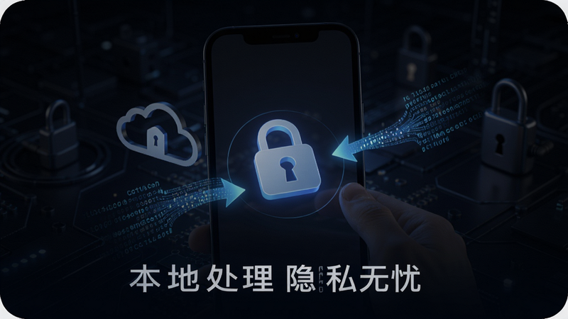 展示LoraFit隐私保护概念图,手机屏幕中央显示一把锁的图标,周围有数据流箭头指向手机内部(不上传云端),背景为深色科技感,风格简洁,文字标签