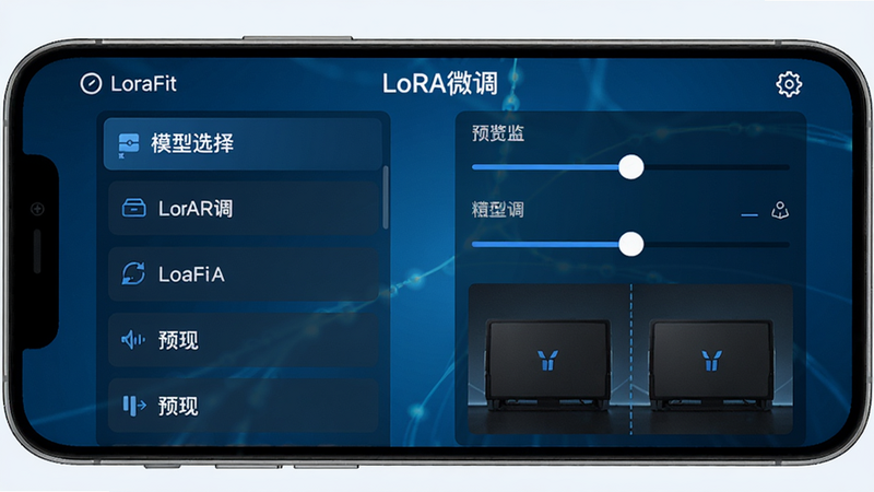 展示LoraFit的LoRA微调功能界面,手机屏幕左侧显示模型选择列表,右侧显示参数调节滑块,下方有预览图对比,布局左右对称,风格为科技蓝背景,细腻的UI元素,文字标签
