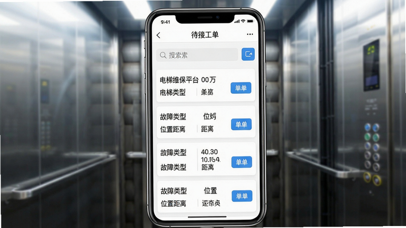 一张手机屏幕截图,显示电梯维保平台“待接工单”列表界面,上方搜索栏,下方多条工单卡片,每张卡片包含电梯编号、故障类型、位置距离和“抢单”按钮。背景为模糊的电梯井道场景,光线明亮,手机居中,画面干净,文字清晰可辨“电梯维保平台”字样。