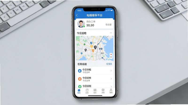 一幅展示电梯维保平台主界面的高清截图,主体为智能手机屏幕居中布局,屏幕内显示“电梯维保平台”应用首页,顶部有用户头像和待办工单数量,中部是“今日巡检”地图与任务列表,底部为菜单栏。整体风格简洁干净,采用蓝白配色,背景为浅灰色办公桌,手机周围有轻微投影,画质细腻,无多余元素。