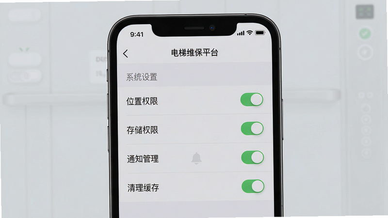 一张手机屏幕显示“电梯维保平台”的设置界面,主体为应用内“系统设置”页面,包含“位置权限”“存储权限”“通知管理”“清理缓存”等选项开关,界面简洁,文字清晰,背景为浅灰色,手机居中,画质高清。
