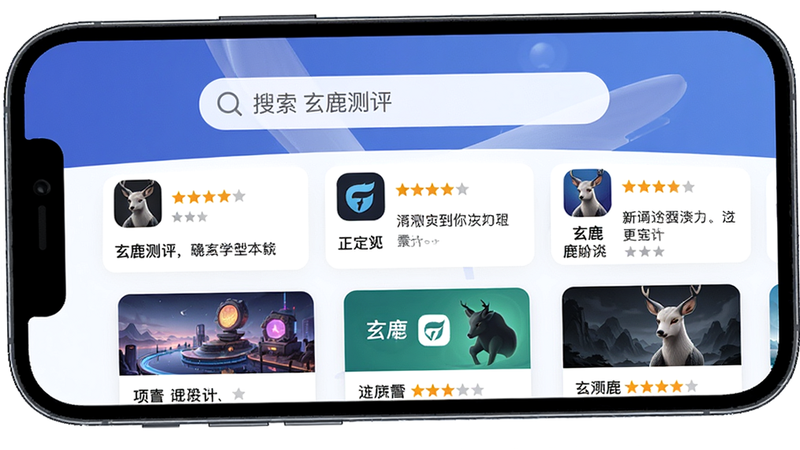 主体:手机屏幕显示玄鹿测评APP主界面,布局:中央有搜索框,下方排列多个应用评测卡片,排版:卡片式设计,风格:现代简约,细节:卡片上显示应用图标、评分星级、简短评语,画质:高清,干净,无多余元素。文字:“玄鹿测评”。