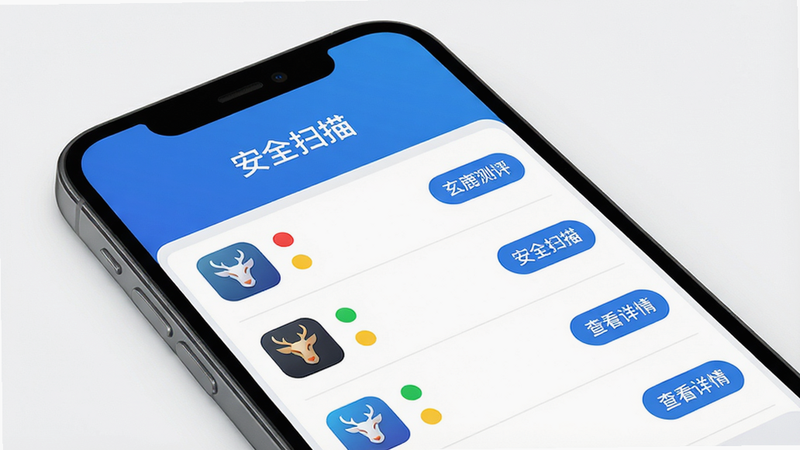 主体:手机屏幕显示玄鹿测评安全扫描结果页面,布局:顶部为“安全扫描”标题,下方列表显示应用图标和风险标识(红黄绿圆点),排版:列表式,风格:简洁清晰,细节:每个应用右侧有“查看详情”按钮,画质:高清,背景干净。文字:“玄鹿测评 安全扫描”。