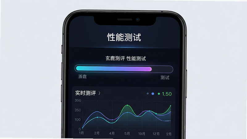 主体:手机运行玄鹿测评性能测试界面,布局:屏幕上方显示“性能测试”标题,中间是动态加载的测试进度条,下方有实时数据图表,排版:居中对称,风格:科技感,细节:进度条颜色渐变,图表线条清晰,画质:高清,无多余元素。文字:“玄鹿测评 性能测试”。