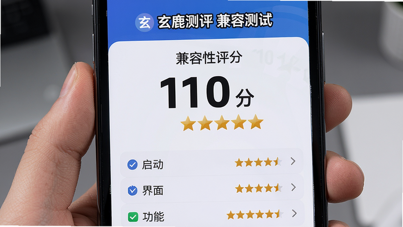 主体:手机展示玄鹿测评兼容测试报告,布局:上方为测试应用名称,中间为兼容性评分(满分10分),下方列出各项测试结果(如启动、界面、功能),排版:分数突出,列表清晰,风格:专业报告,细节:分数以数字和星级显示,画质:高清。文字:“玄鹿测评 兼容测试”。