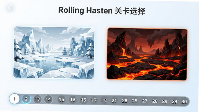 游戏关卡选择界面,左侧是冰原主题缩略图(白色调),右侧是熔岩主题缩略图(红黑色调),下方滚动条显示关卡编号1-30,界面简洁明亮,文字“Rolling Hasten 关卡选择”