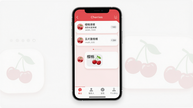 主体:cherries聊应用界面,布局:手机屏幕居中展示,上方显示聊天列表,中间一个对话框带有“樱桃”表情符号,底部导航栏有聊天、联系人、发现、个人中心四个图标。排版:简洁清晰,列表项用圆角卡片分隔。风格:扁平化、明亮色系,主色调为樱桃红和白色。细节:界面有轻微的阴影和圆角,文字清晰,头像用樱桃图标。画质:高清、干净、无多余元素。