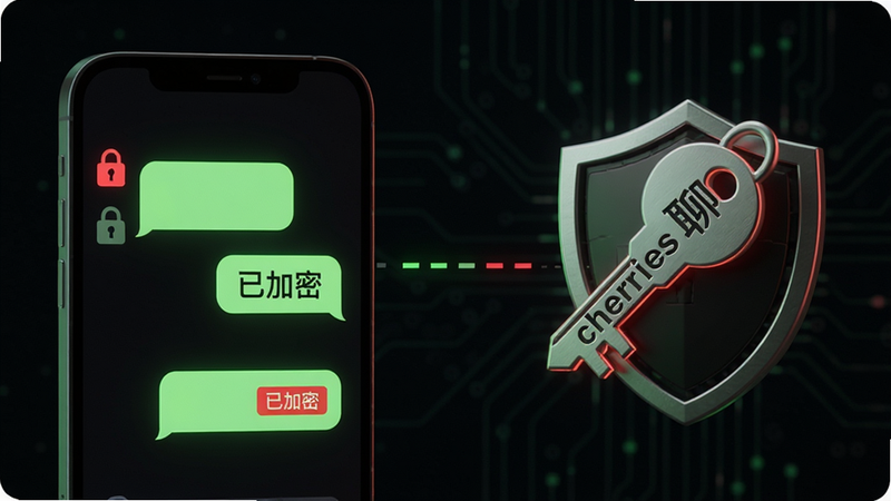主体:cherries聊加密聊天场景,布局:左侧显示一个手机屏幕,屏幕上对话气泡带有锁形图标和“已加密”标签,右侧有一个钥匙图标和盾牌背景。排版:左右对称,中间用一条虚线连接。风格:科技感、暗色背景搭配荧光绿和红色,突出安全主题。细节:锁具金属质感,盾牌上有“cherries聊”字样。画质:4K渲染、干净、无多余元素。