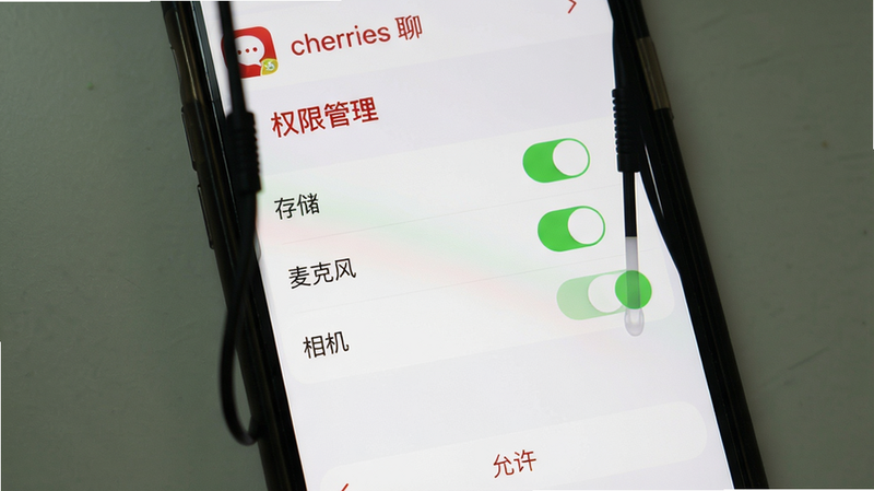 主体:cherries聊手机设置界面,布局:屏幕显示“权限管理”页面,有“存储”、“麦克风”、“相机”三个开关全部开启。排版:垂直列表,每个开关右侧有绿色滑块。风格:系统原生风格,白色背景,红色高亮标题。细节:顶部有“cherries聊”应用图标,底部有“允许”文字。画质:1080p、干净、无多余元素。